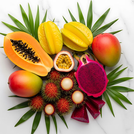 Tropical fruits on white marble background. Rambutan, papaya, dragon fruit, mango.の写真素材