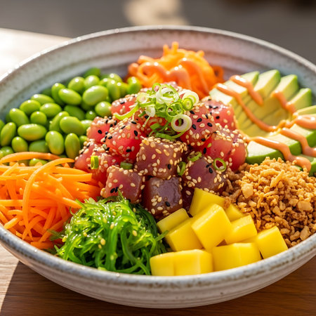Tuna poke bowl with seaweed, avocado, mango and sesame seedsの写真素材