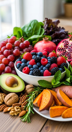 Healthy food clean eating selection: fruits, berries, nuts and herbs