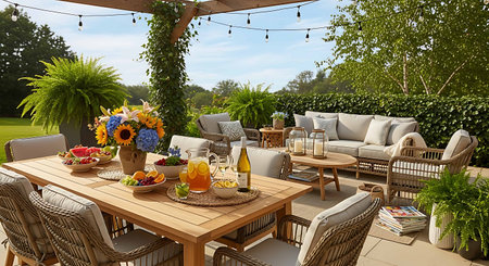 Beautiful terrace with furniture in the garden. 3d rendering