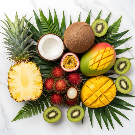 Tropical fruits and palm leaves on white marble background, flat layの写真素材