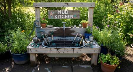 Gardening tools in a small garden in the summertime.