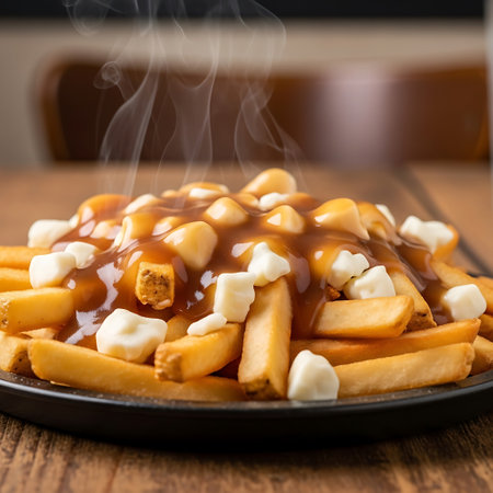 French fries with caramel sauce and cheese on a black plate on a wooden tableの写真素材