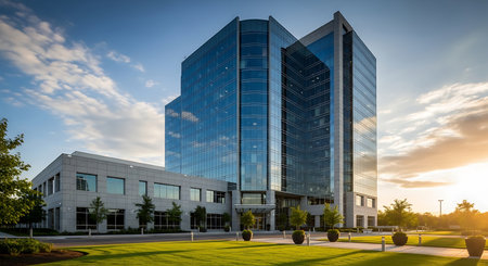 Modern office building at sunset. Business and finance concept. Panoramic view.の写真素材