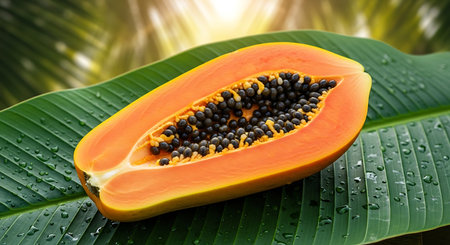 Papaya fruit with green leaf and water drops on it.の写真素材