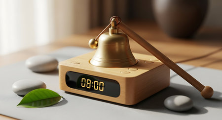 Wooden alarm clock, green leaves and stones on table, closeup