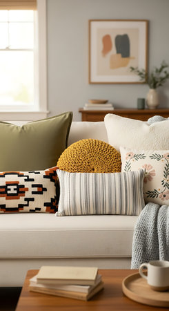 Comfortable sofa with pillows in room, closeup. Interior design