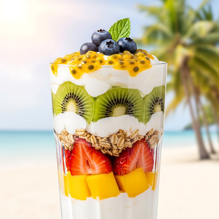 Greek yogurt parfait with fresh fruits and berries in glass on tropical beachの写真素材