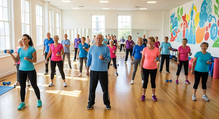 Group of active senior people exercising with dumbbells in fitness studio