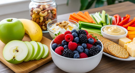 Healthy breakfast with nuts, fruits and vegetables on wooden table.の写真素材