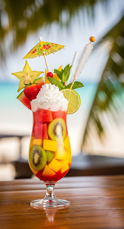 Fruit cocktail on the table at the beach, Maldives.の写真素材