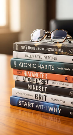 Stack of books with eyeglasses on wooden desk. 3D rendering