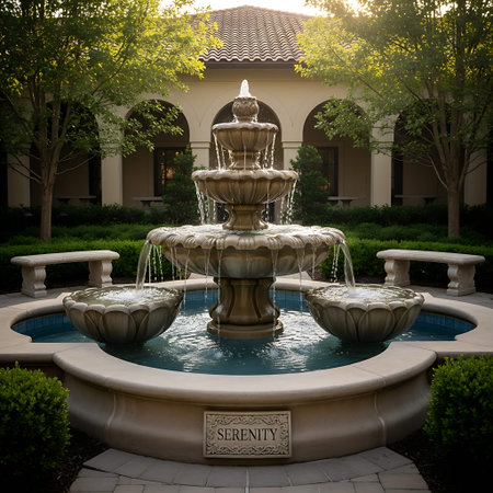 Fountain in the garden at sunset. Beautiful landscape with a fountain.の写真素材