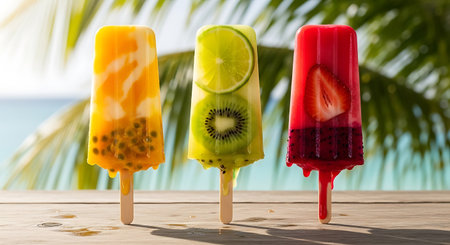 Fruit ice cream popsicles on a wooden table with palm tree background