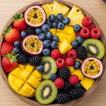Mixed fruit salad in wooden bowl on wooden table, top view
