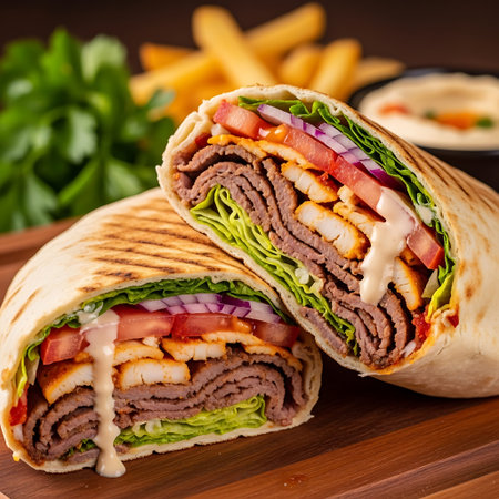 Tortilla wrap with beef, lettuce, tomato, onion and french fries