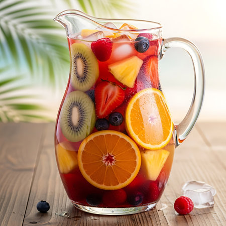 Fruit sangria in a jug on a wooden table, selective focusの写真素材
