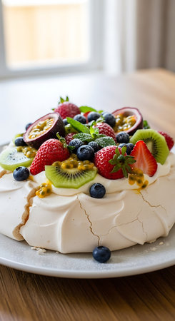 Meringue Pavlova with fresh berries and fruits on topの写真素材