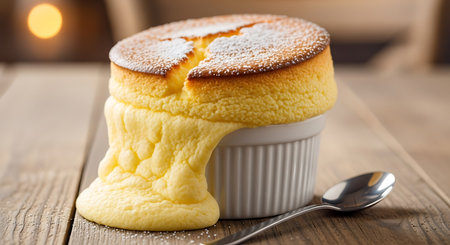 Creme Brulee cake with icing sugar on a wooden table.の写真素材