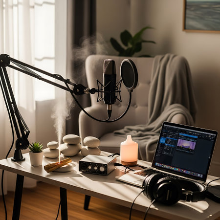 Interior of living room with professional condenser microphone, headphones, cosmetics and laptop.