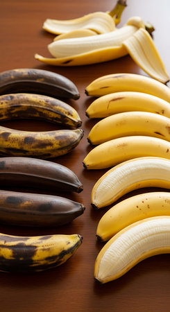 Banana on wooden background. Ripe bananas on wooden table.の写真素材