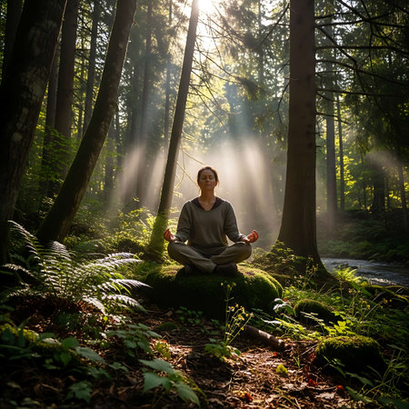 Young woman meditating in lotus position in the forest at sunriseの写真素材
