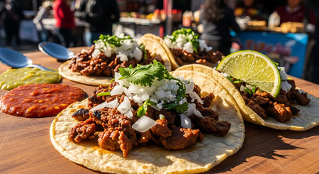 Traditional mexican tacos with meat, onion and cilantro on wooden tableの写真素材