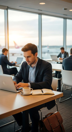 Handsome businessman working on laptop computer in office at the airportの写真素材