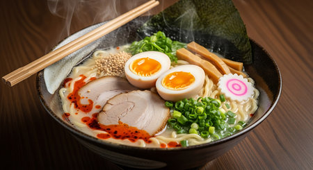 japanese ramen noodle with pork, egg and vegetablesの写真素材