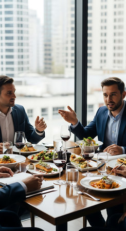 Businessmen clinking glasses while sitting at table in restaurant during lunchの写真素材