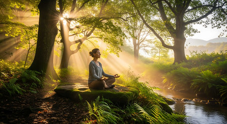 Woman meditating in the forest by the river during the sunrise.の写真素材