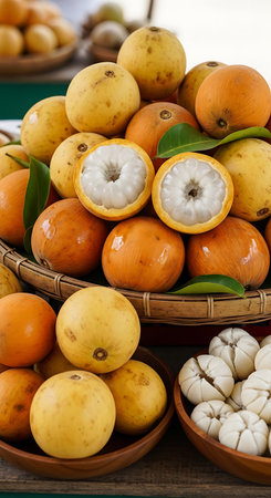 Thai fruit on wooden table,Thai fruit in basket.