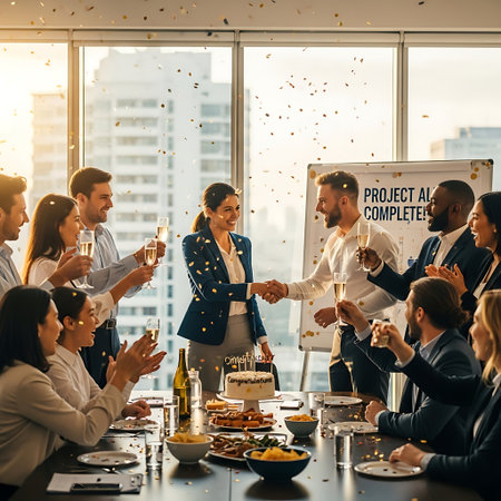 Business people clinking champagne glasses during a celebration in the office.の写真素材