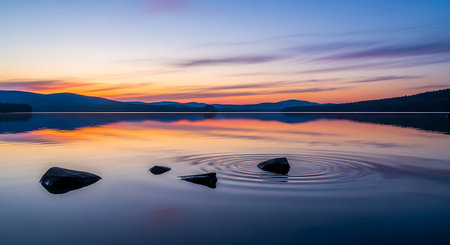 Sunset on the lake with reflection of mountains in water. Long exposureの写真素材