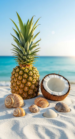 Pineapple, coconut and seashells on white sand beachの写真素材