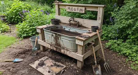 Garden tools and equipment for planting in the garden on a summer dayの写真素材