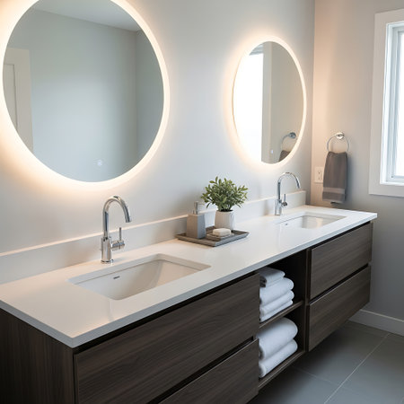 Interior of modern bathroom with mirror and sink, 3d renderの写真素材