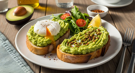 Avocado toast with poached egg and arugula, healthy breakfast