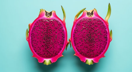 Dragon fruit on a blue background. The view from the top.