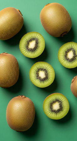 Kiwi fruit on a green background. Flat lay, top view.の写真素材