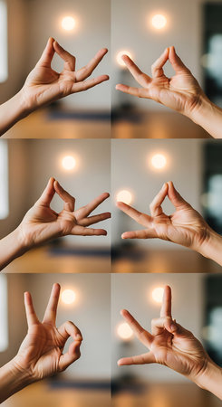 Collage of woman hands in yoga pose with bokeh lightsの写真素材