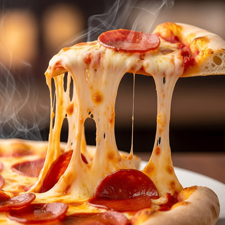 Pizza with pepperoni and mozzarella cheese on wooden backgroundの写真素材