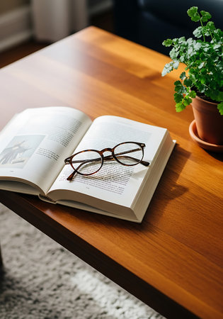 Glasses on a book on a wooden table in the living room