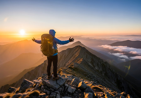 Hiker with backpack standing on top of a mountain and enjoying sunrise.の写真素材