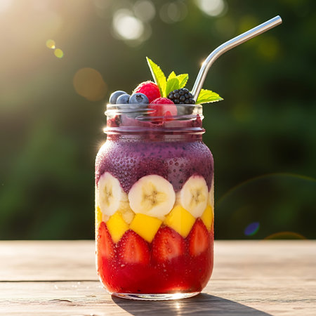 Healthy smoothie with fresh fruits and berries in glass jar on wooden table outdoorsの写真素材