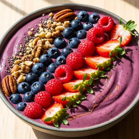 Smoothie bowl with blueberries, strawberries, raspberries and pecansの写真素材