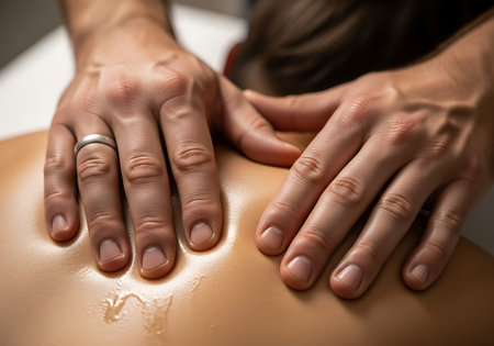 Close-up of hands of masseur doing back massage on mannequinの写真素材
