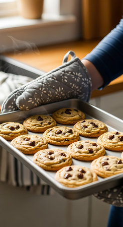 Woman's hand holding baking tray with freshly baked chocolate chip cookies.の写真素材