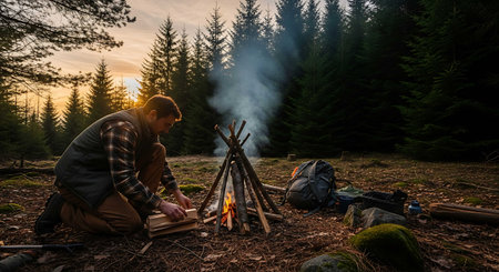 Man sitting near bonfire in the forest at sunset. Camping concept.の写真素材