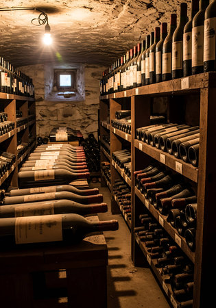 Wine cellar interior with bottles of red and white wine on shelvesの写真素材